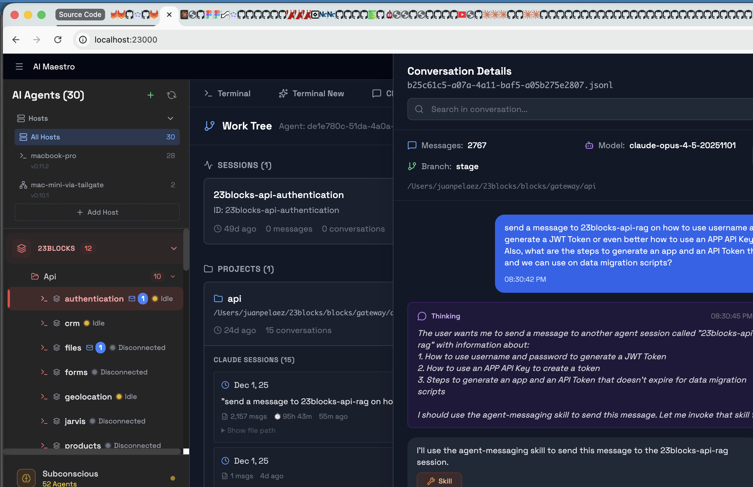 Conversation memory browser showing sessions, projects, and conversation details