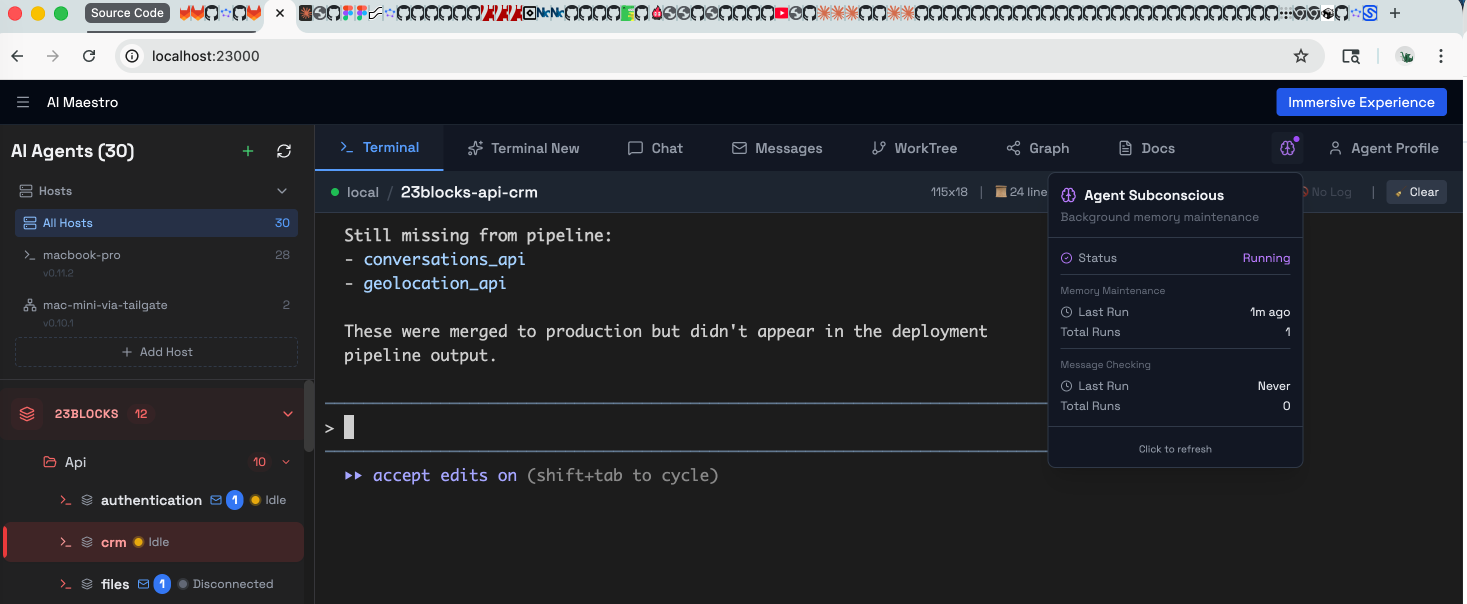 Agent Subconscious panel showing status, memory maintenance, and message checking
